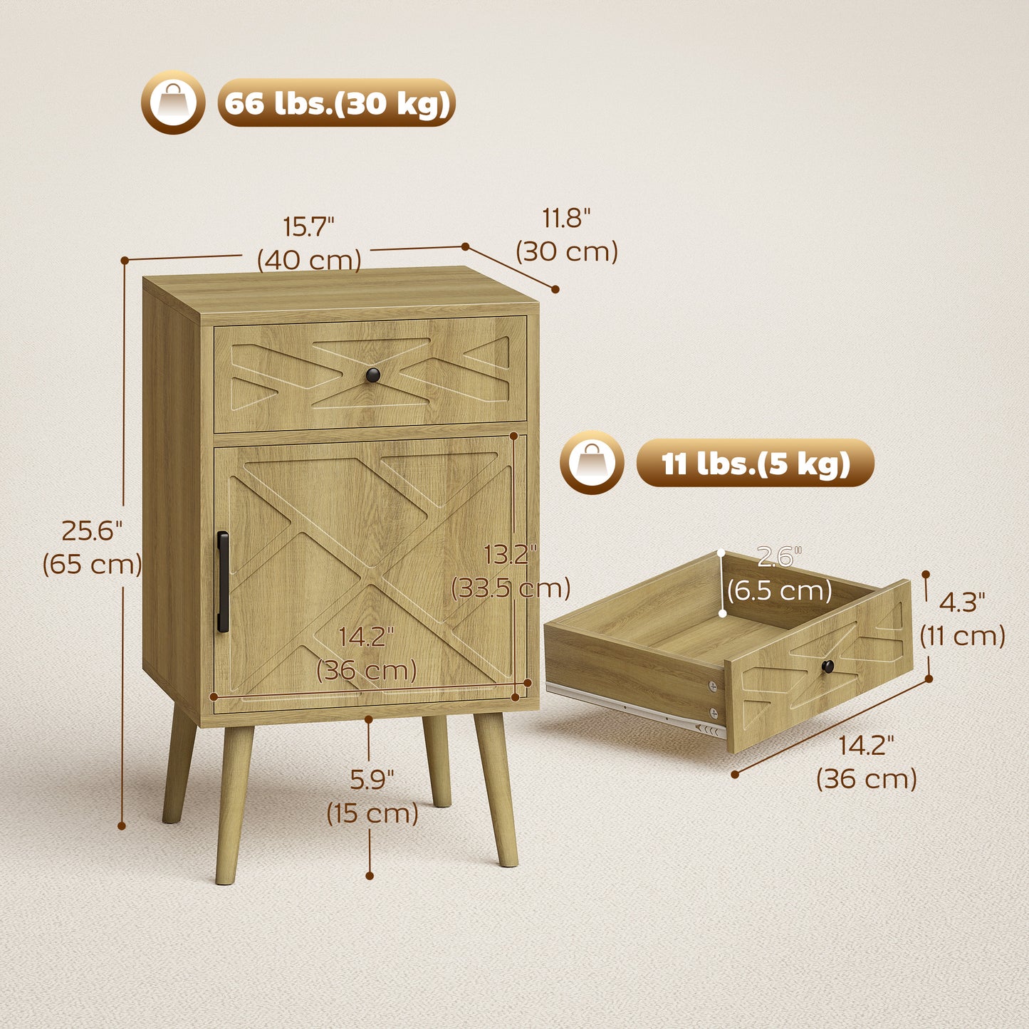 Tables de chevet avec tiroir et cabinet — lot de 2