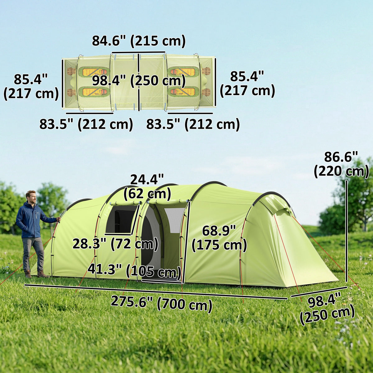 Tente de camping 6 personnes avec vestibule — vert