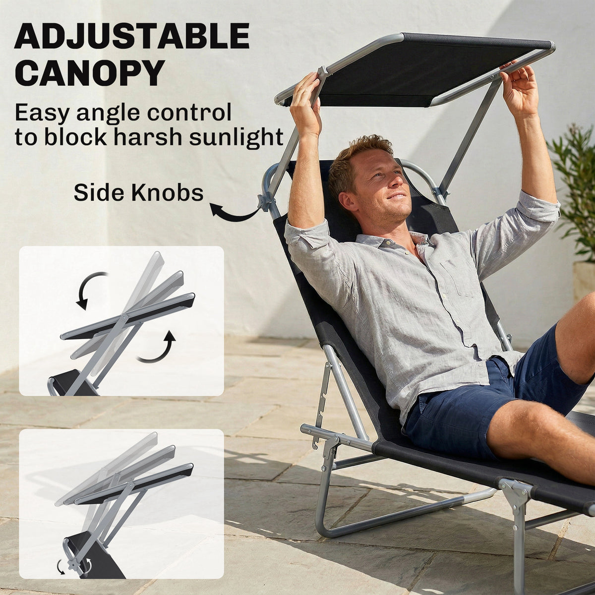 Chaise longue pliante avec auvent réglable