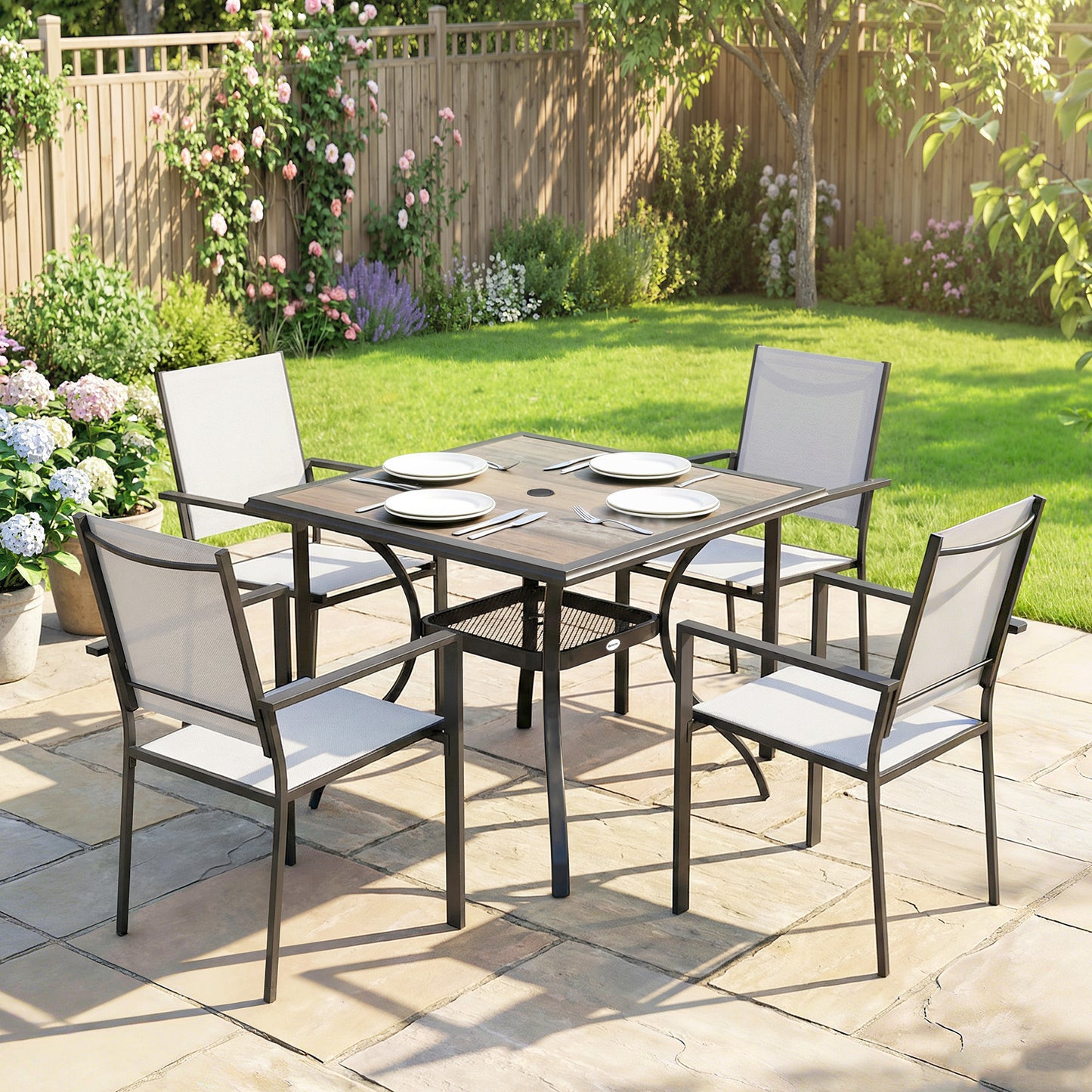 Ensemble repas extérieur 5 pièces avec tablette et trou parasol