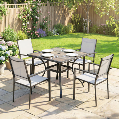 Ensemble repas extérieur 5 pièces avec tablette et trou parasol