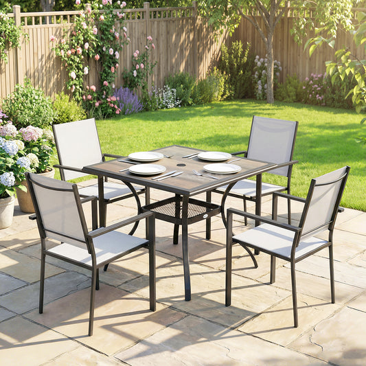 Ensemble repas extérieur 5 pièces avec tablette et trou parasol