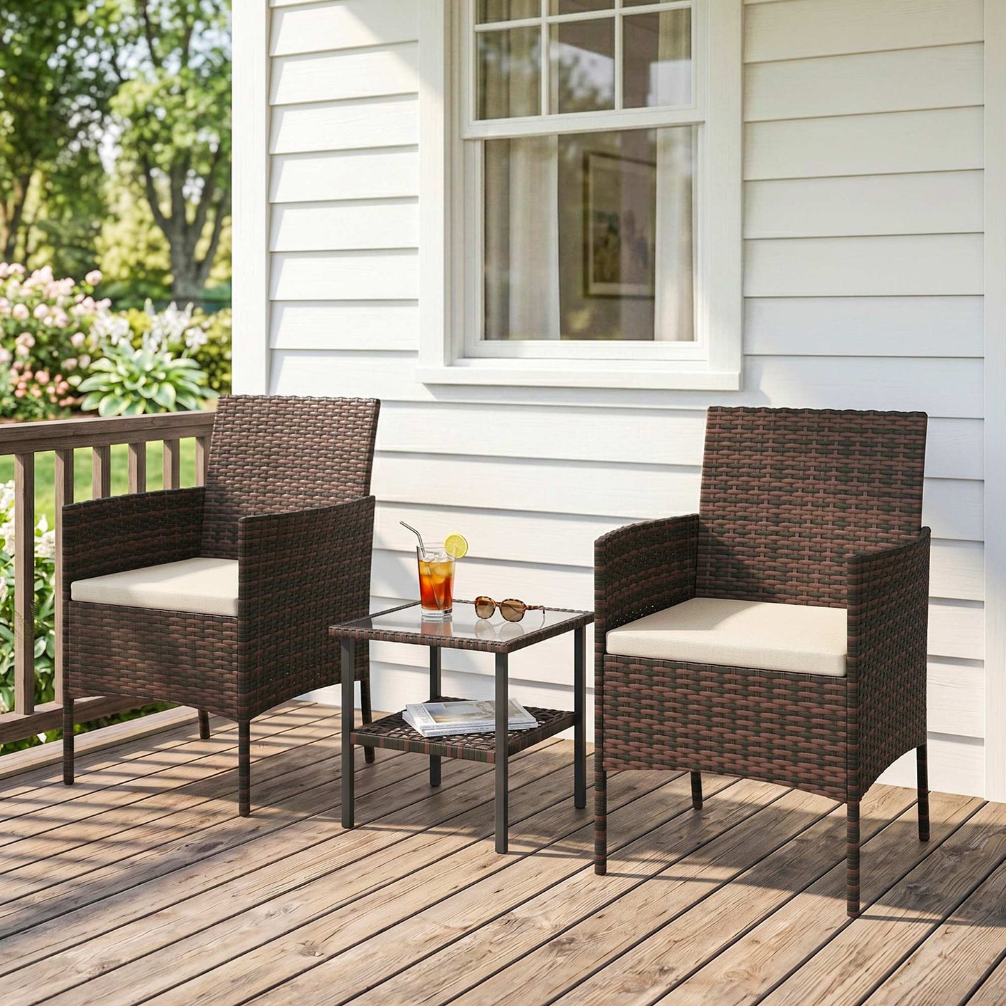 Ensemble bistrot 3 pièces rotin avec table verre — kaki