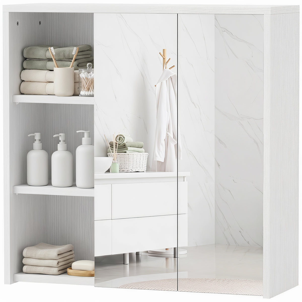 Armoire à pharmacie murale avec miroir et étagères ouvertes