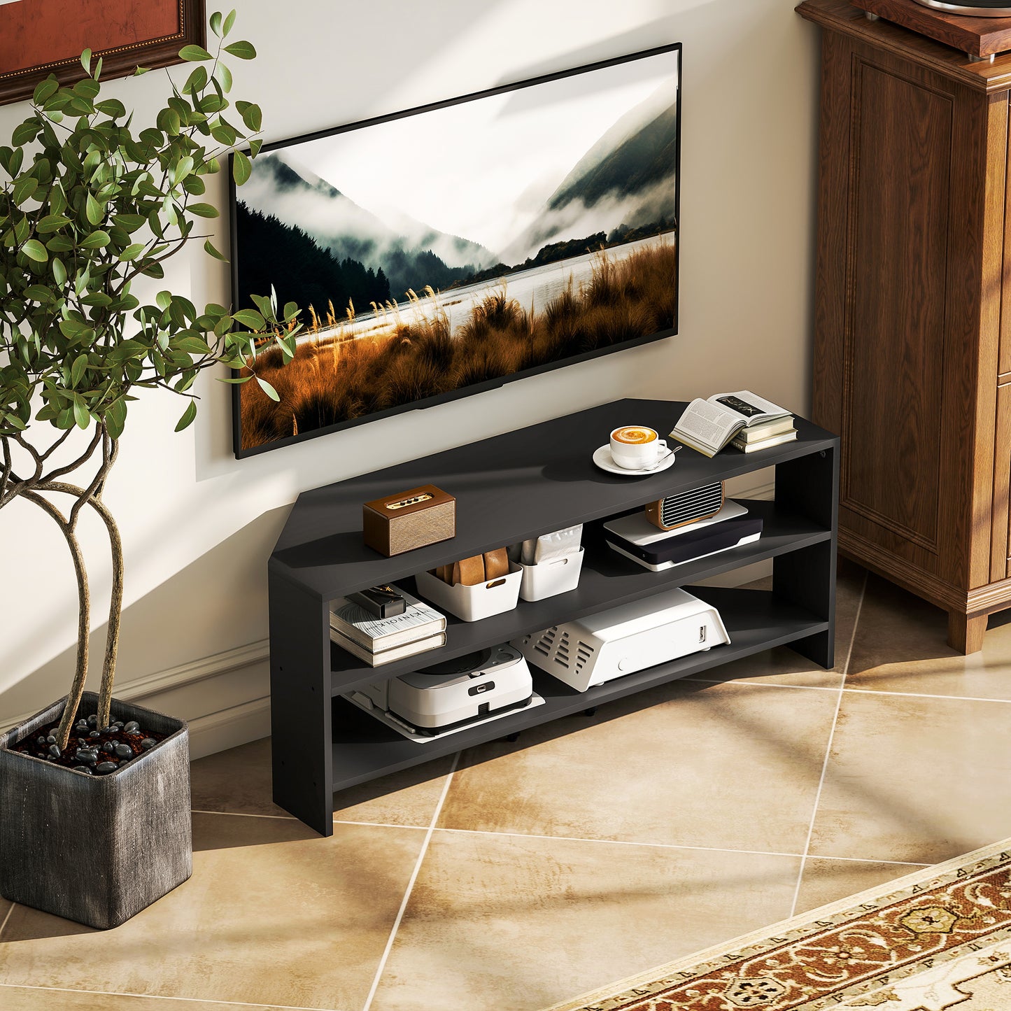 Meuble TV de coin avec 2 tablettes ouvertes