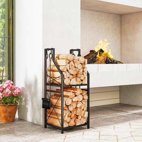 Porte-bûches avec outils de foyer et deux étagères
