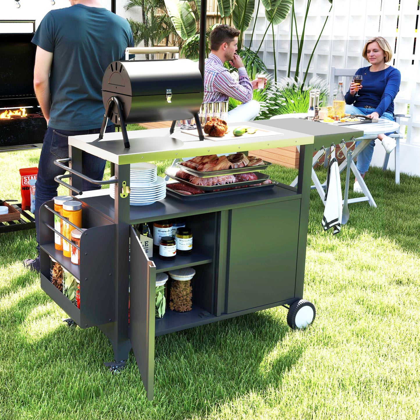 Chariot de Gril Extérieur Table Pliante Acier Inoxydable