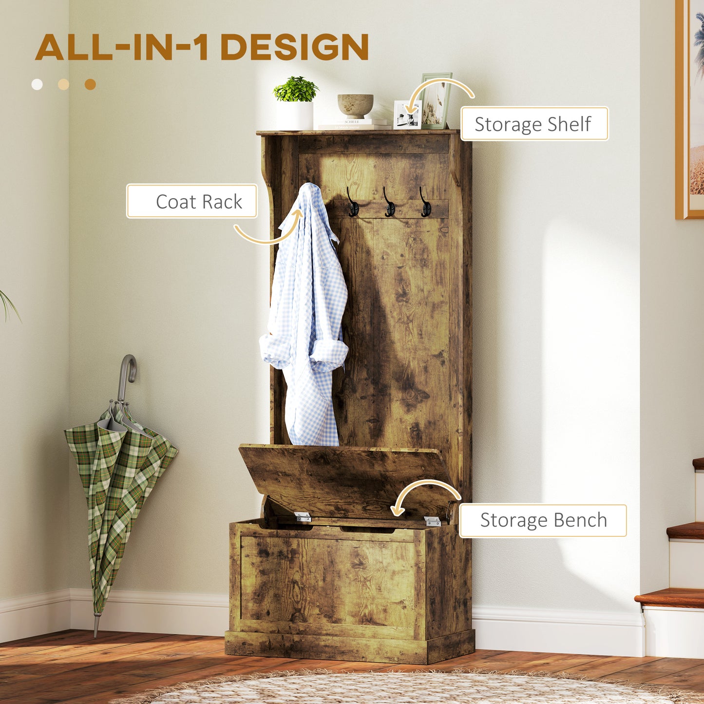 Porte-manteau multifonction 4-en-1 avec banc rangement rustique