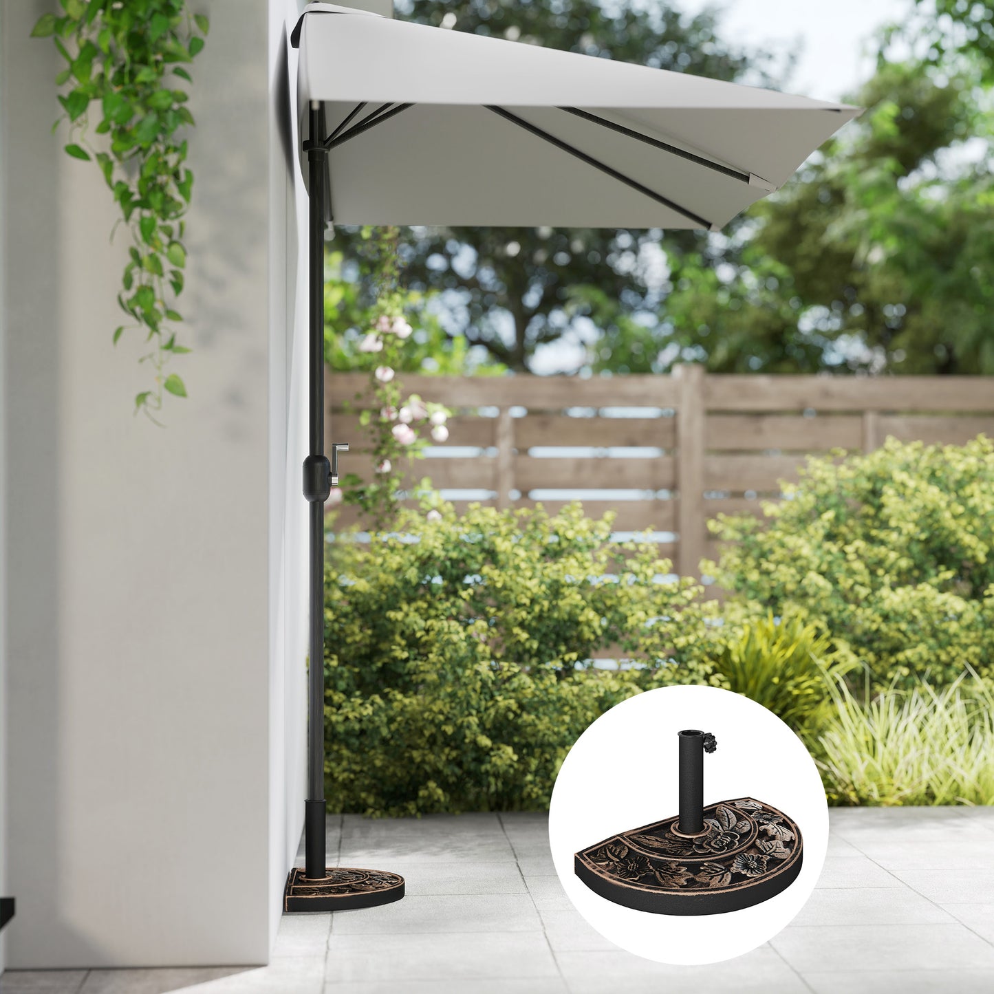 Base de parasol demi-lune 20 livres motif floral — bronze