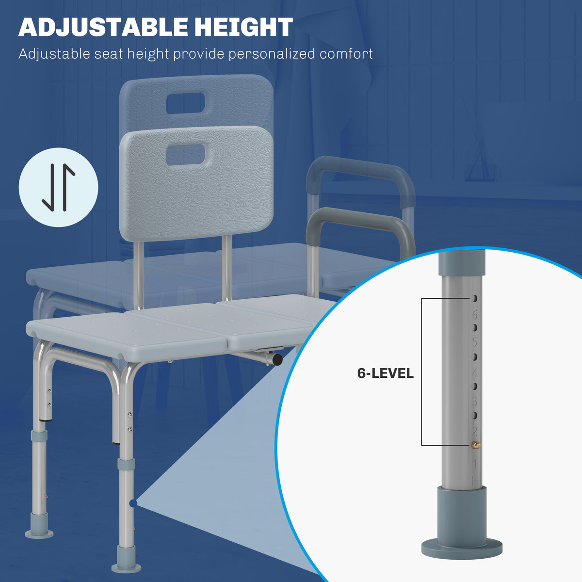 Banc de douche réglable en aluminium avec accoudoirs