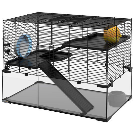 Cage à hamster à trois niveaux avec bac en verre