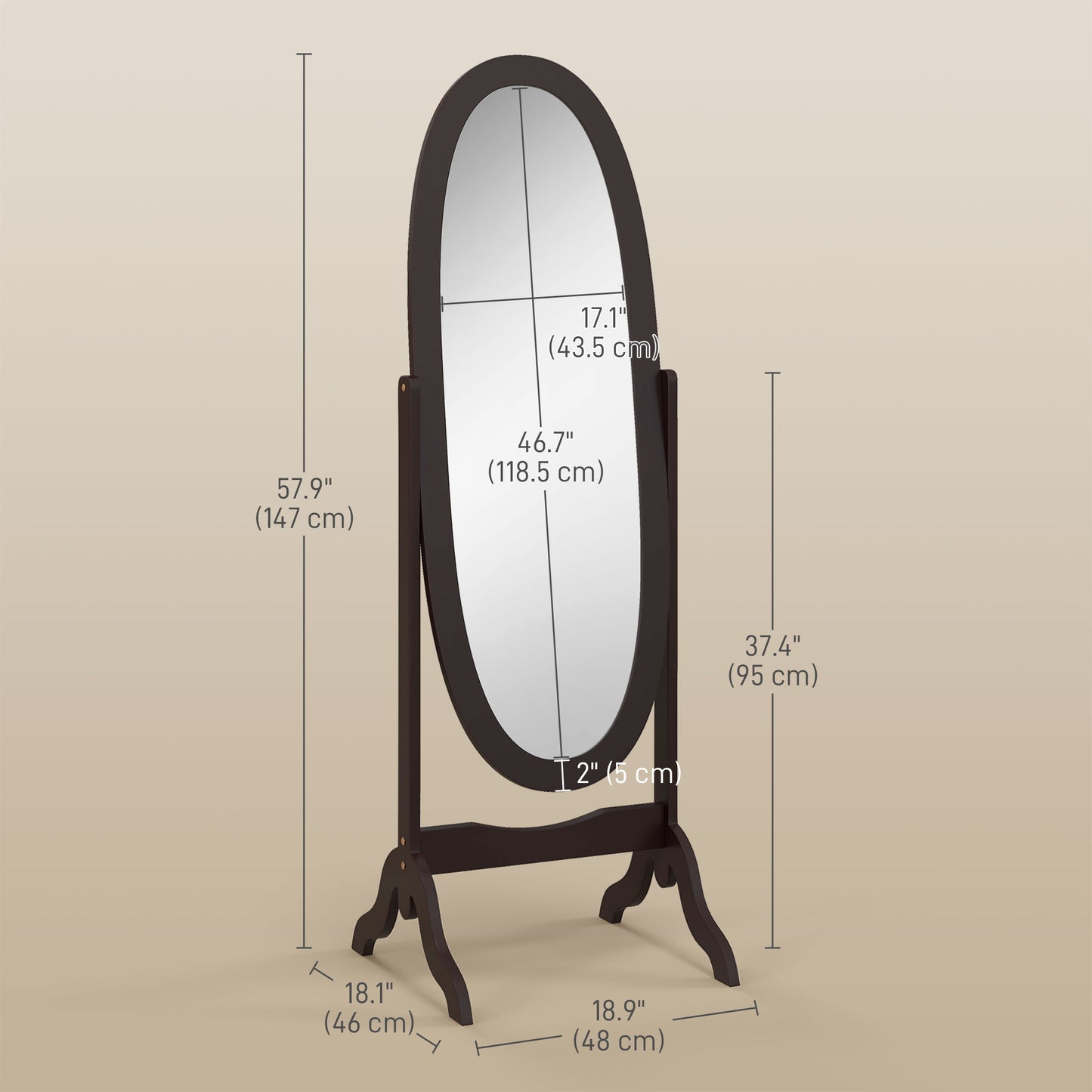 Miroir sur pied ovale pleine longueur à angle réglable