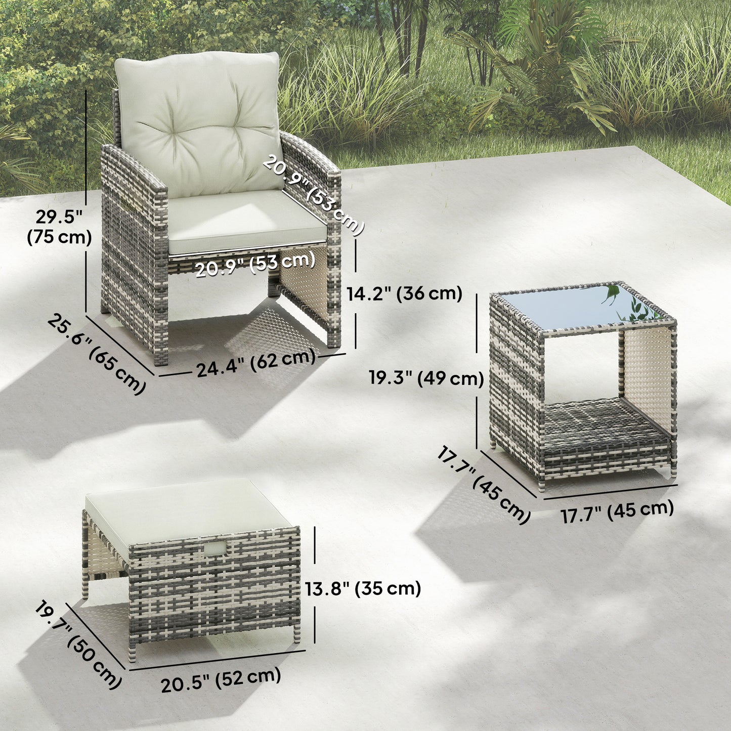 Outsunny 5-Piece Rattan Patio Set - Chairs + Ottomans + Glass Table