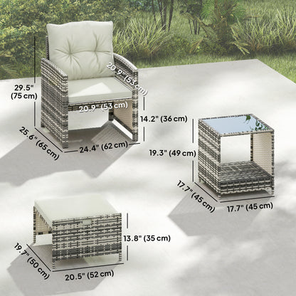 Outsunny 5-Piece Rattan Patio Set - Chairs + Ottomans + Glass Table