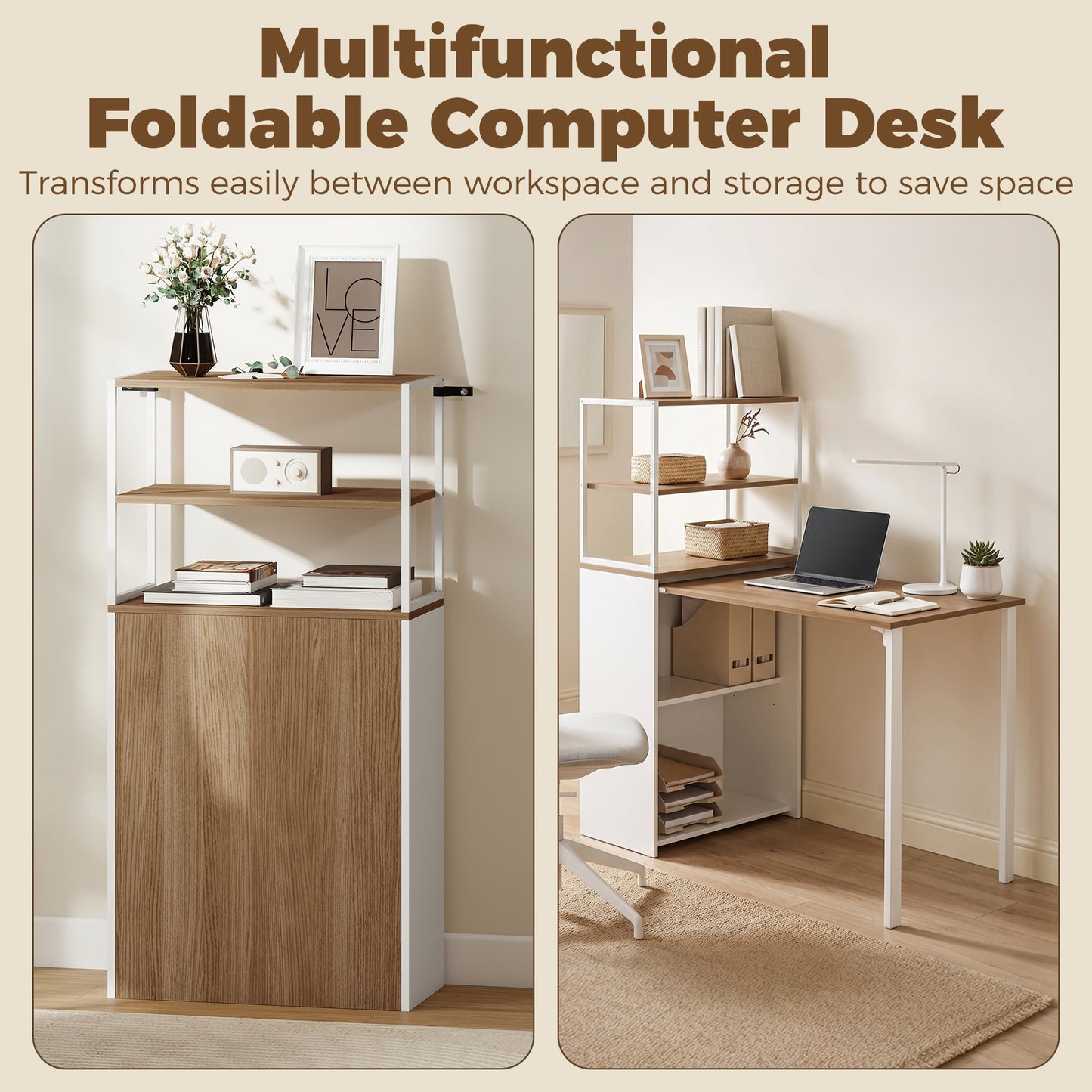 Bureau pliant avec bibliothèque 4 niveaux gain de place