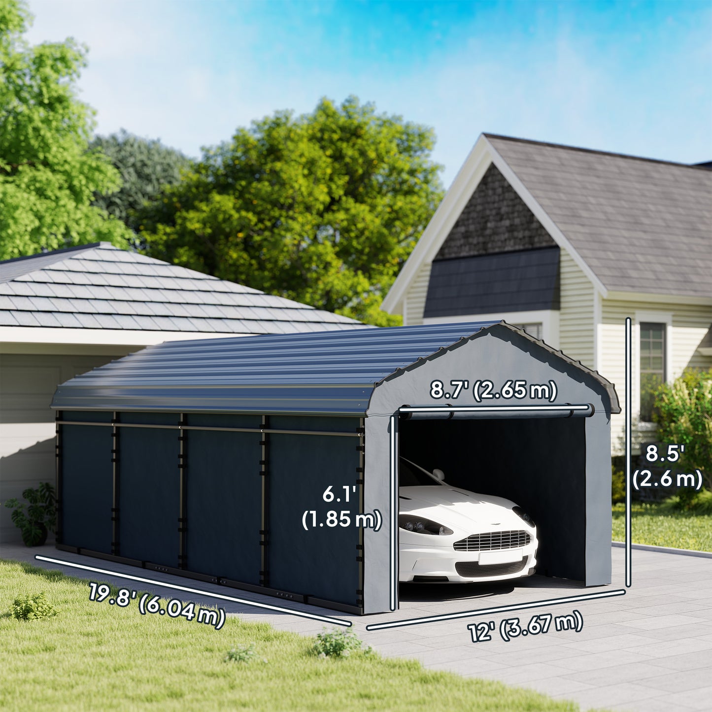 Abri automobile métal 3,7 x 6,1 m — Gris foncé