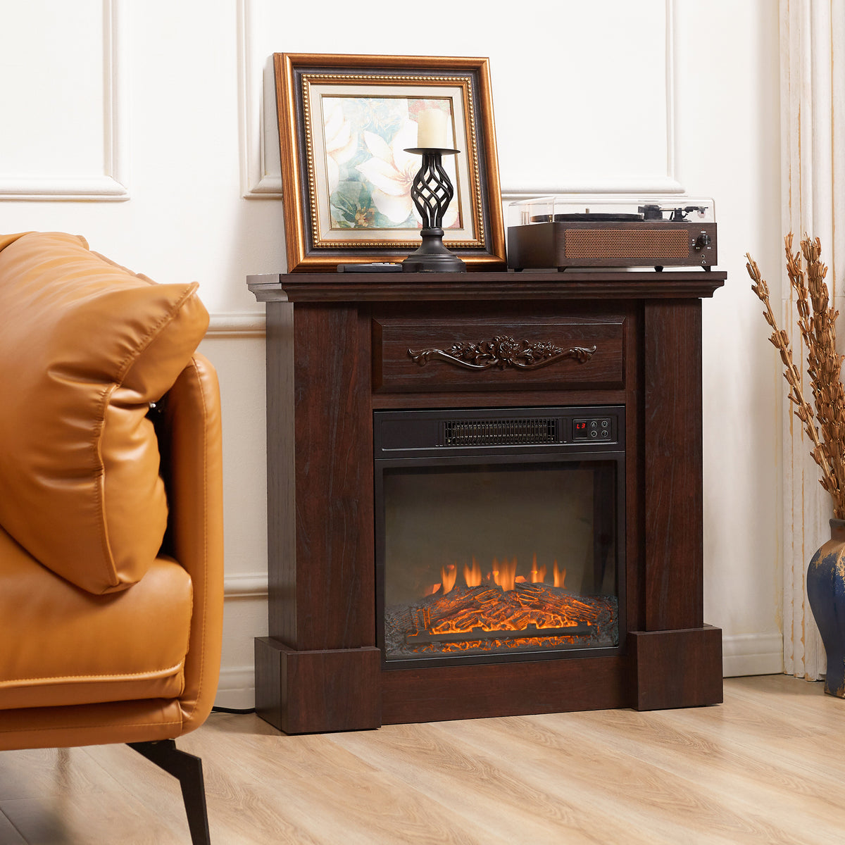Foyer électrique avec manteau bois freestanding 1400W