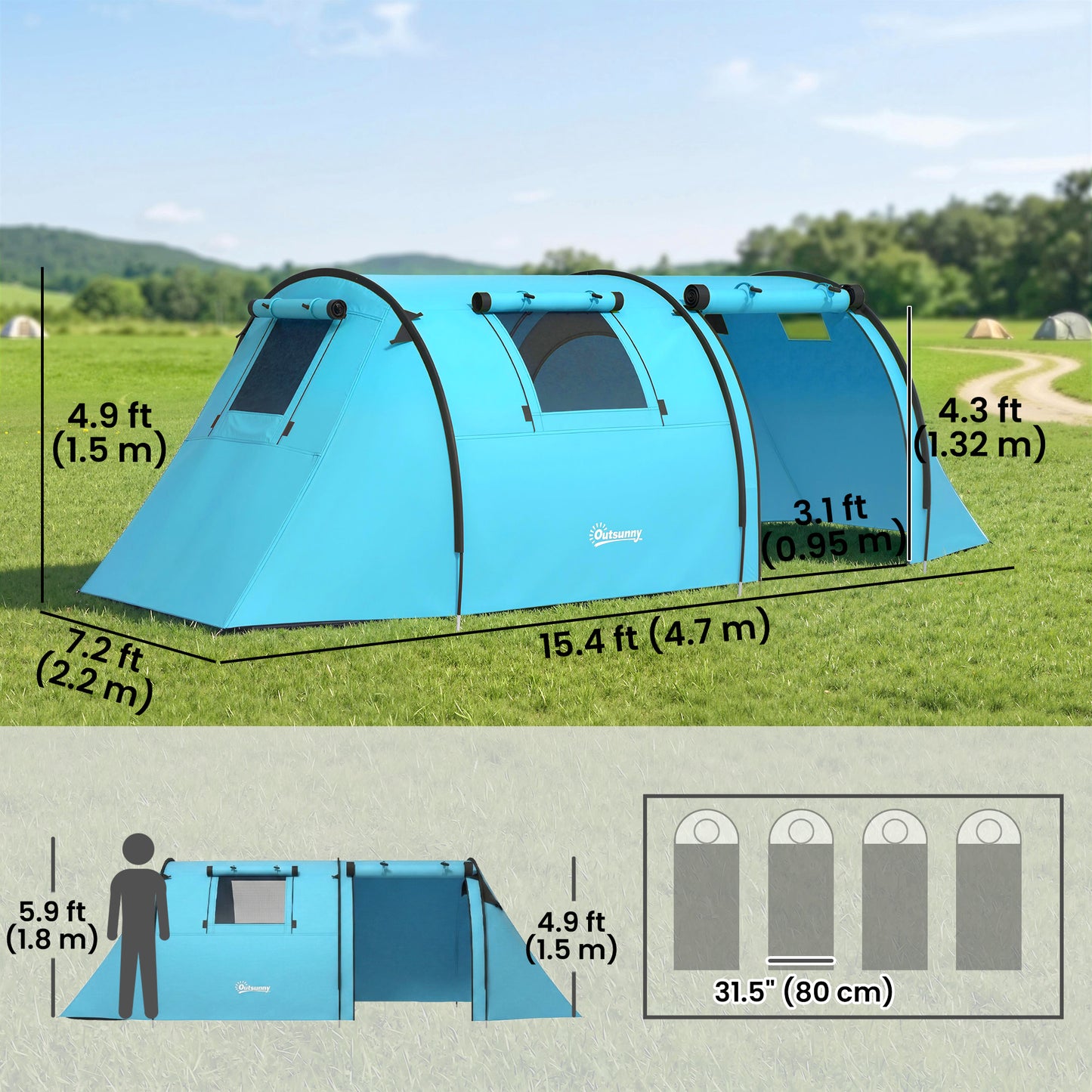 Tente de camping 2 pièces 3-4 personnes imperméable