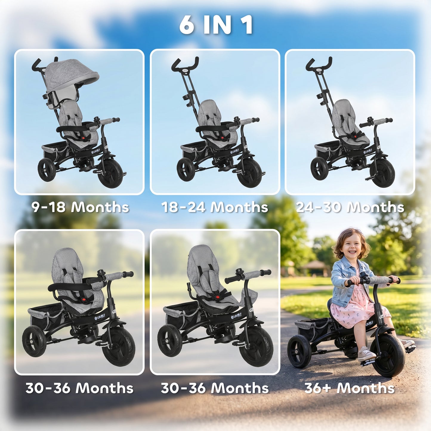 Tricycle 6-en-1 pour tout-petits avec panier et harnais