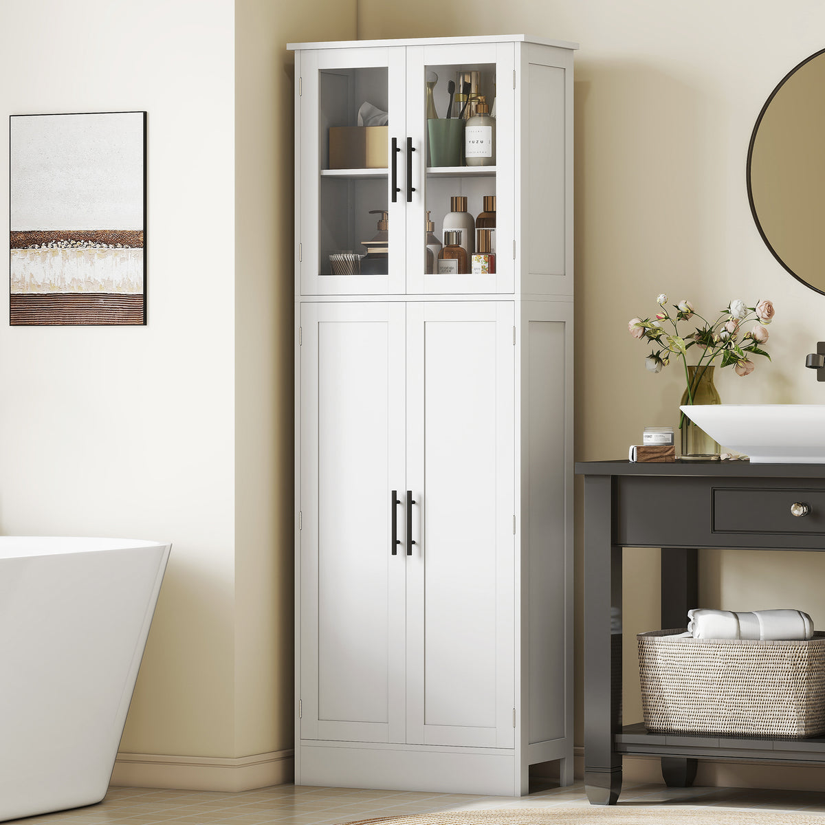 Meuble de salle de bain autoportant avec portes vitrées