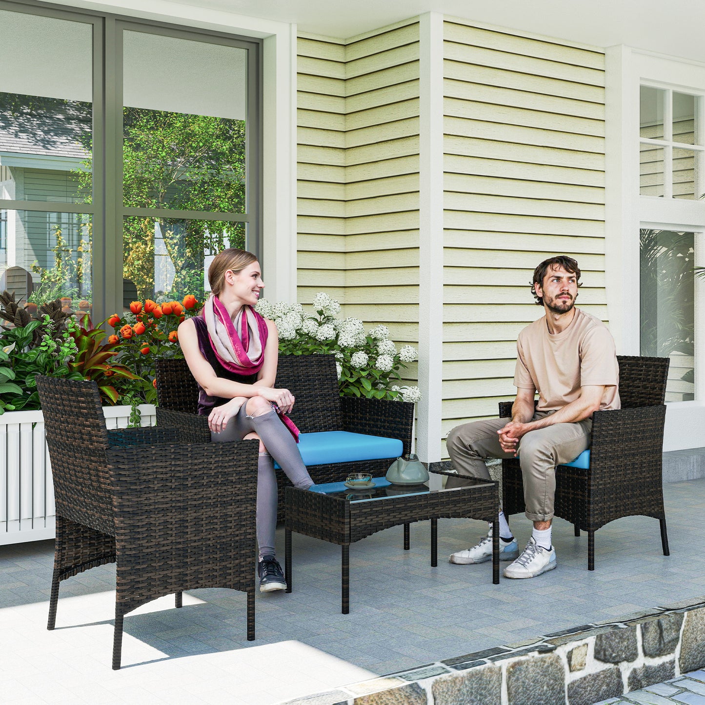 Outsunny 4-Piece Rattan Patio Set with Loveseat and Table Beige