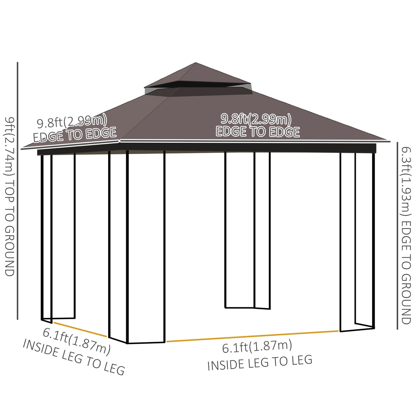 Gazebo de patio toit double avec moustiquaires et étagères