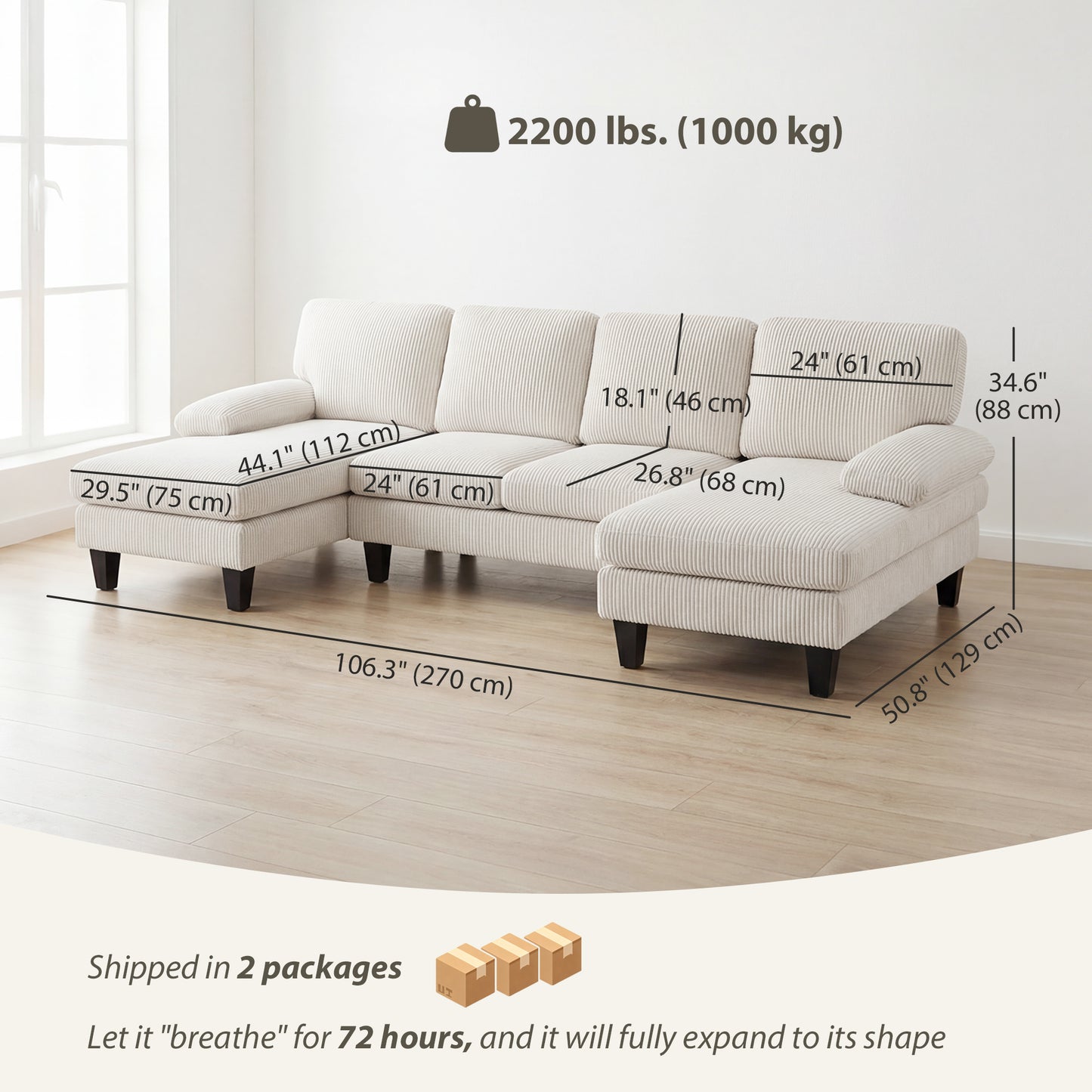 Sofa sectionnel en U avec double chaise en velours côtelé