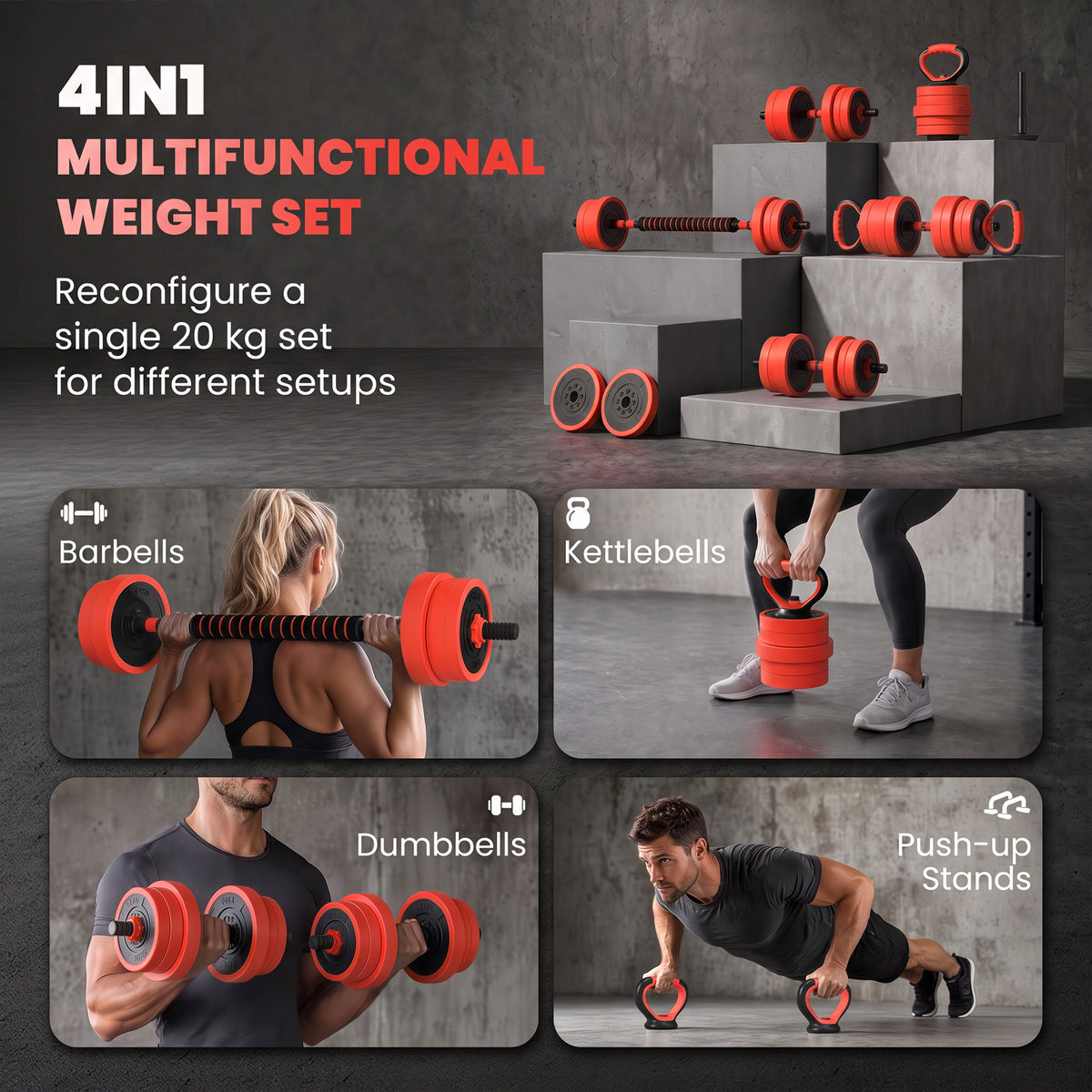 Ensemble d'haltères ajustables 4 en 1 de 20 kg