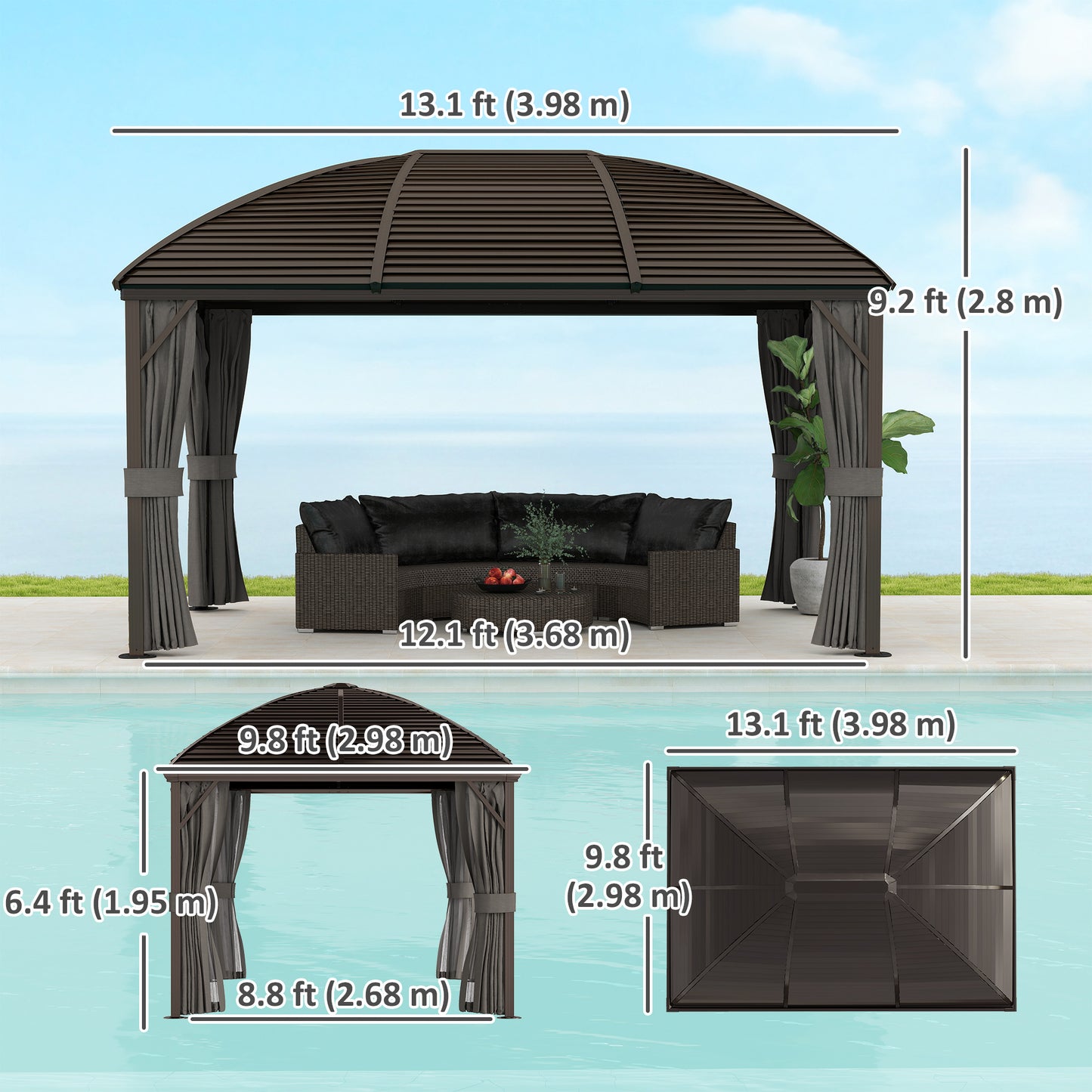 Gazebo hardtop aluminium avec moustiquaire et rideaux