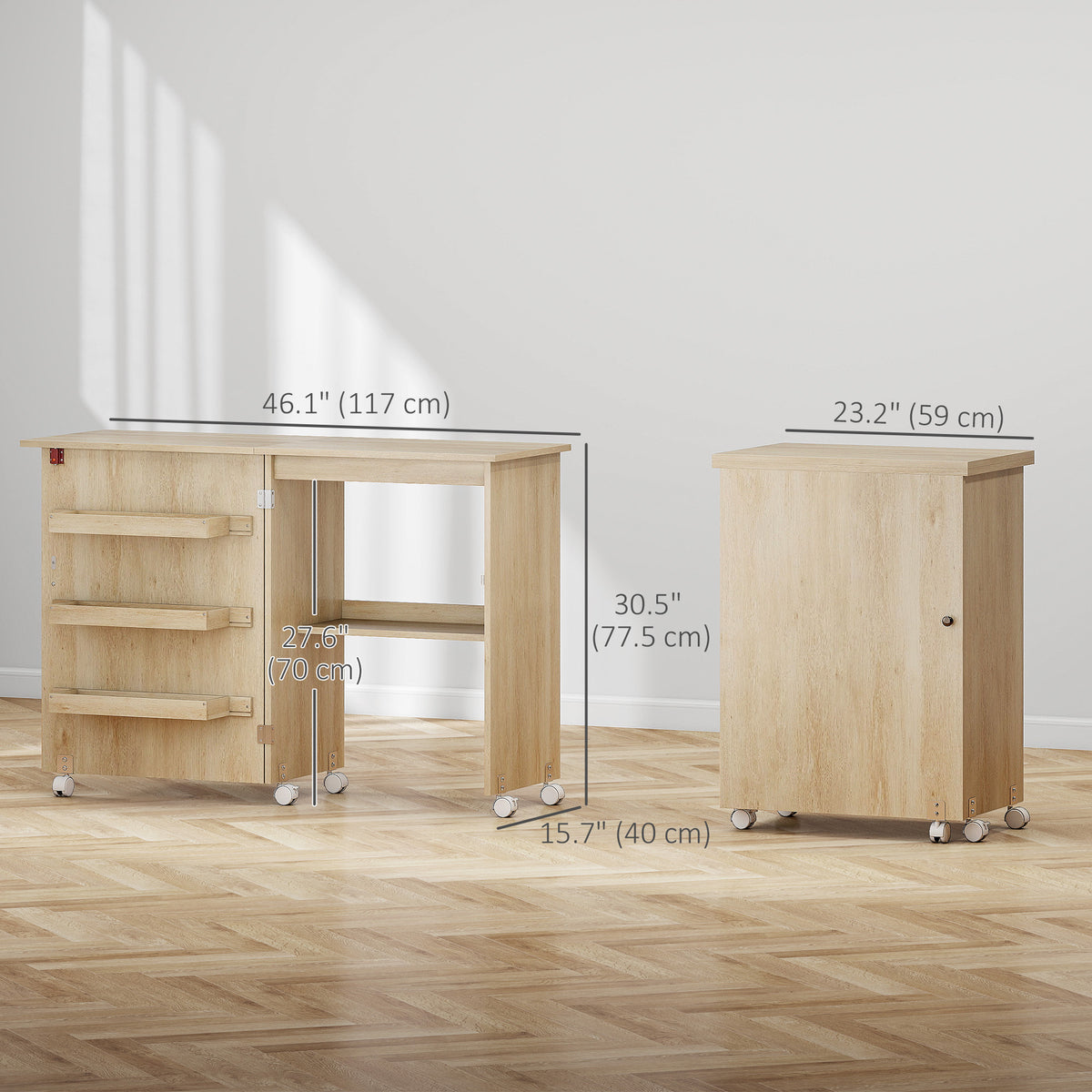 Meuble à coudre pliant avec rangement et roulettes