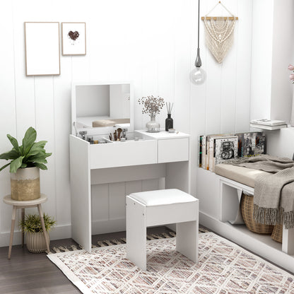 Coiffeuse avec miroir rabattable et tabouret rembourré