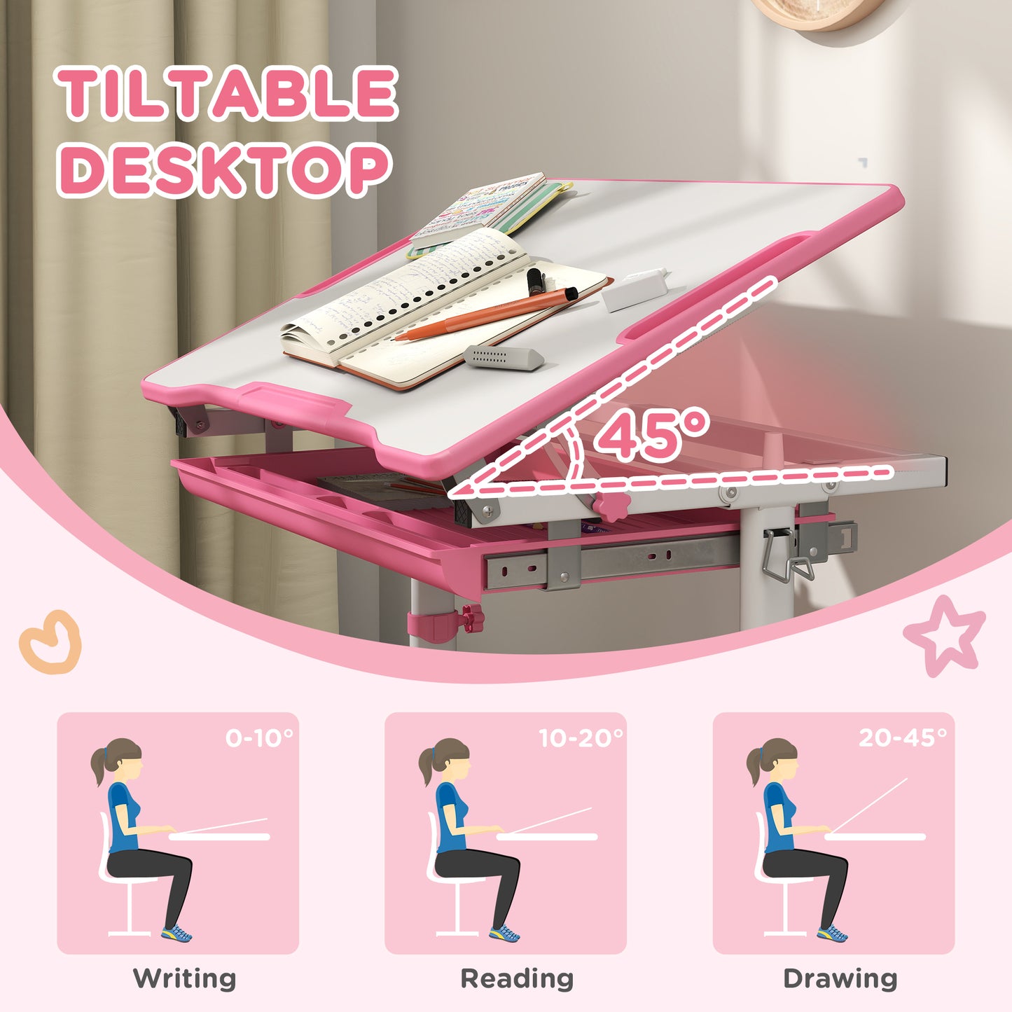 Bureau d'étude ajustable avec chaise et tiroir enfant
