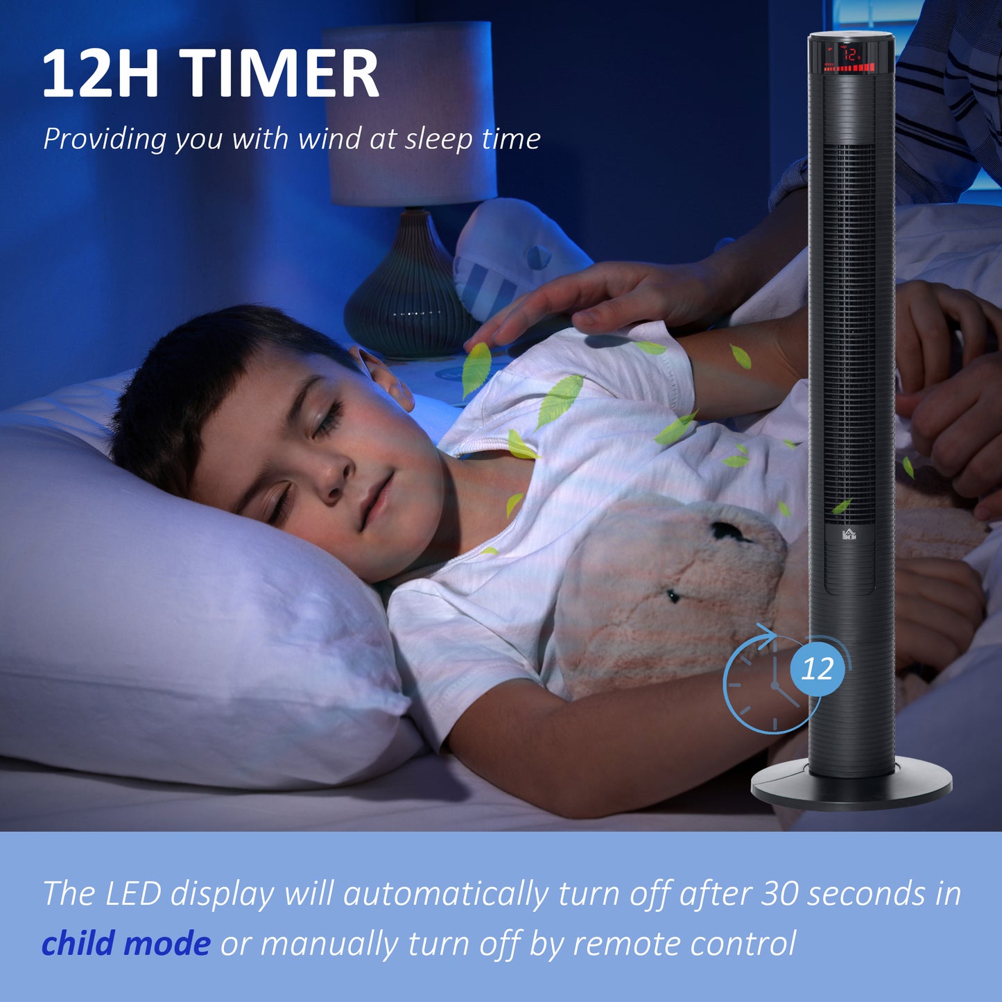 Ventilateur tour sur pied avec télécommande et minuterie 12h