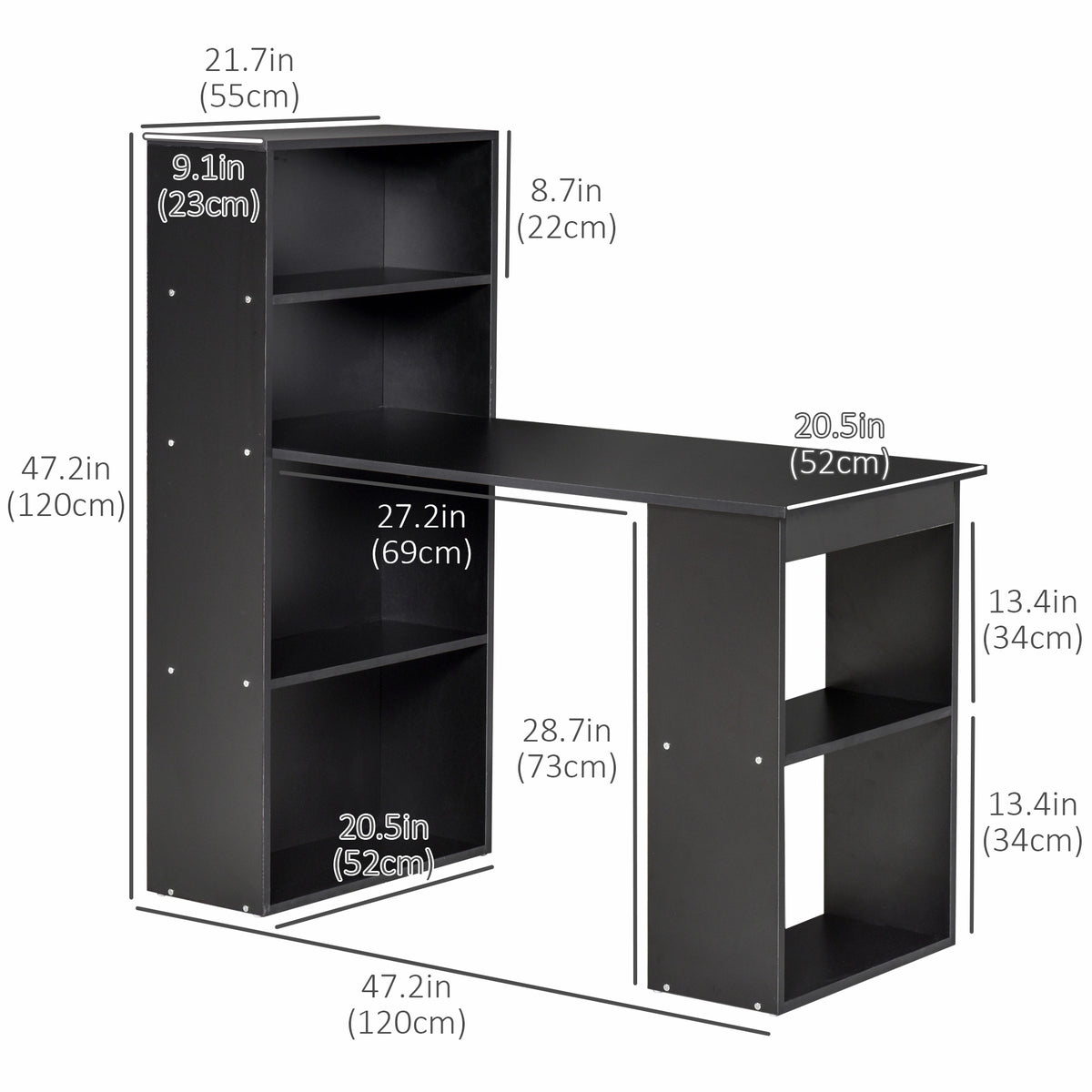Bureau d'ordinateur avec bibliothèque intégrée 47 po