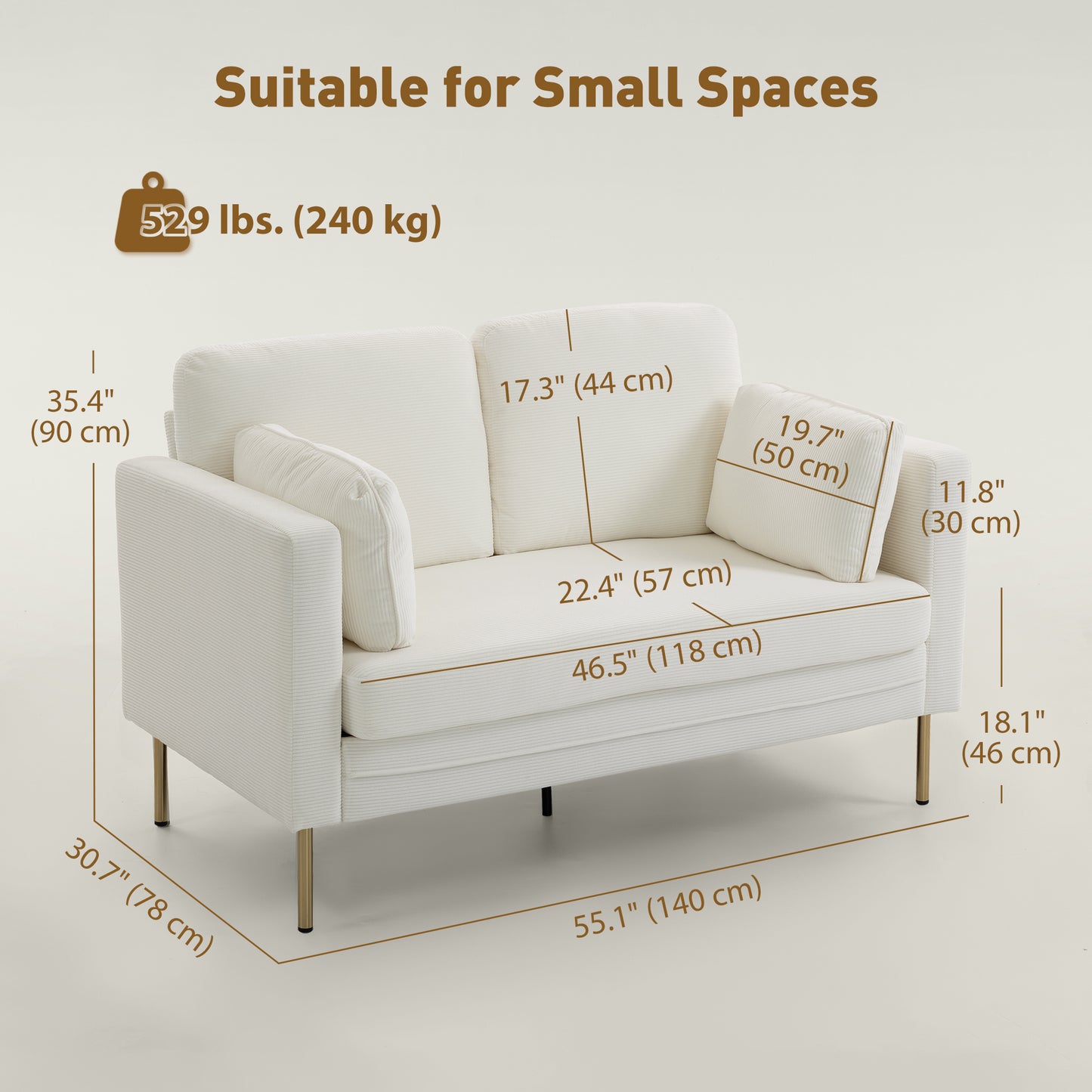 Petit sofa deux places en velours côtelé — pieds dorés