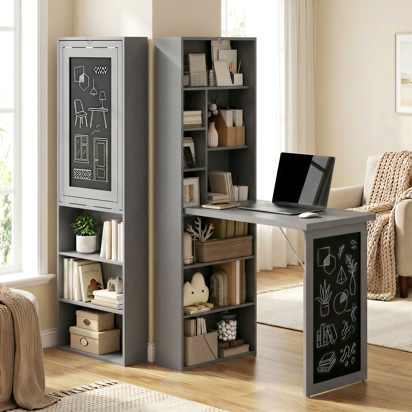 Bureau mural rabattable avec tableau noir et étagère