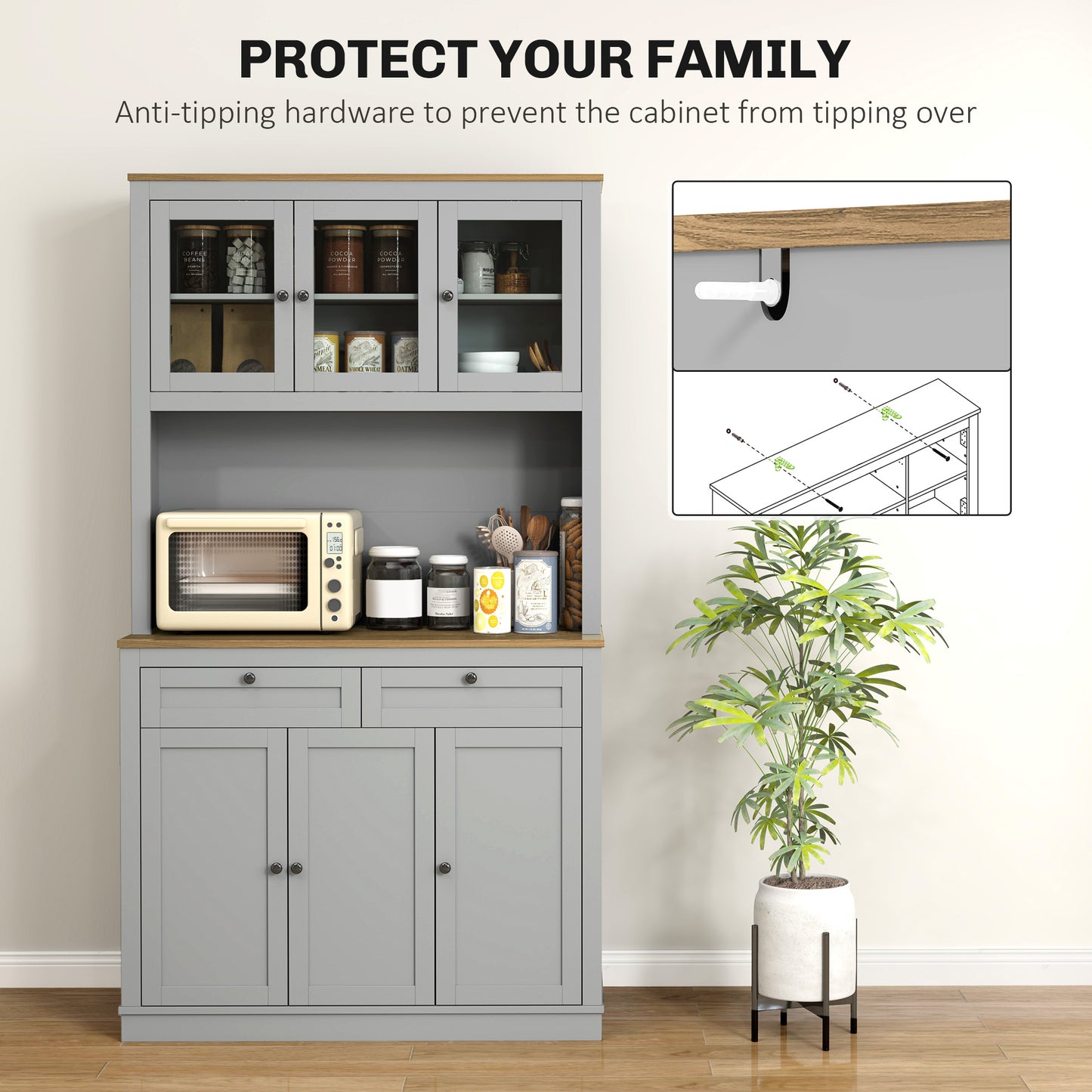 Armoire-buffet cuisine avec espace micro-ondes et portes vitrées