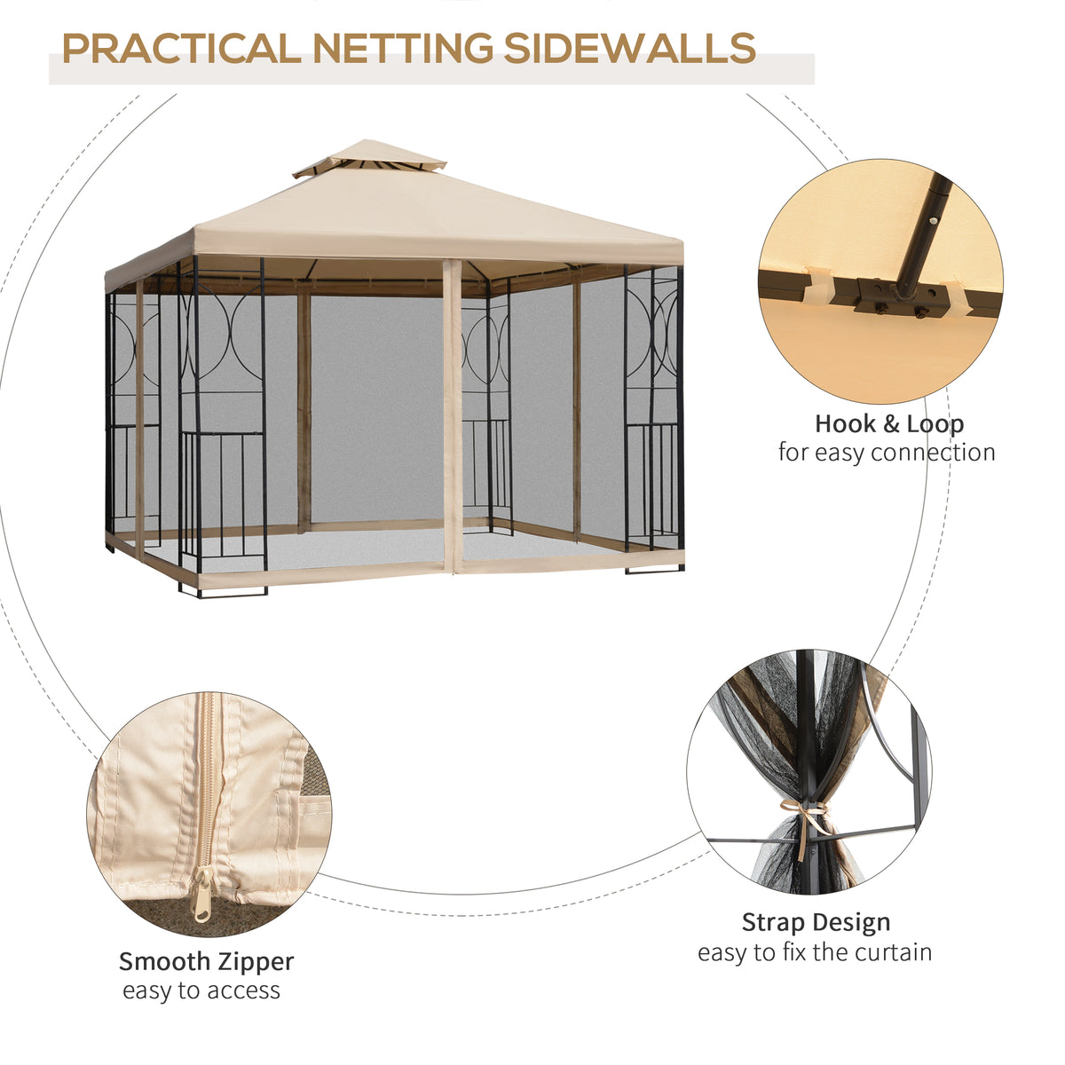 Gazebo de patio double toit avec moustiquaire 3x3m
