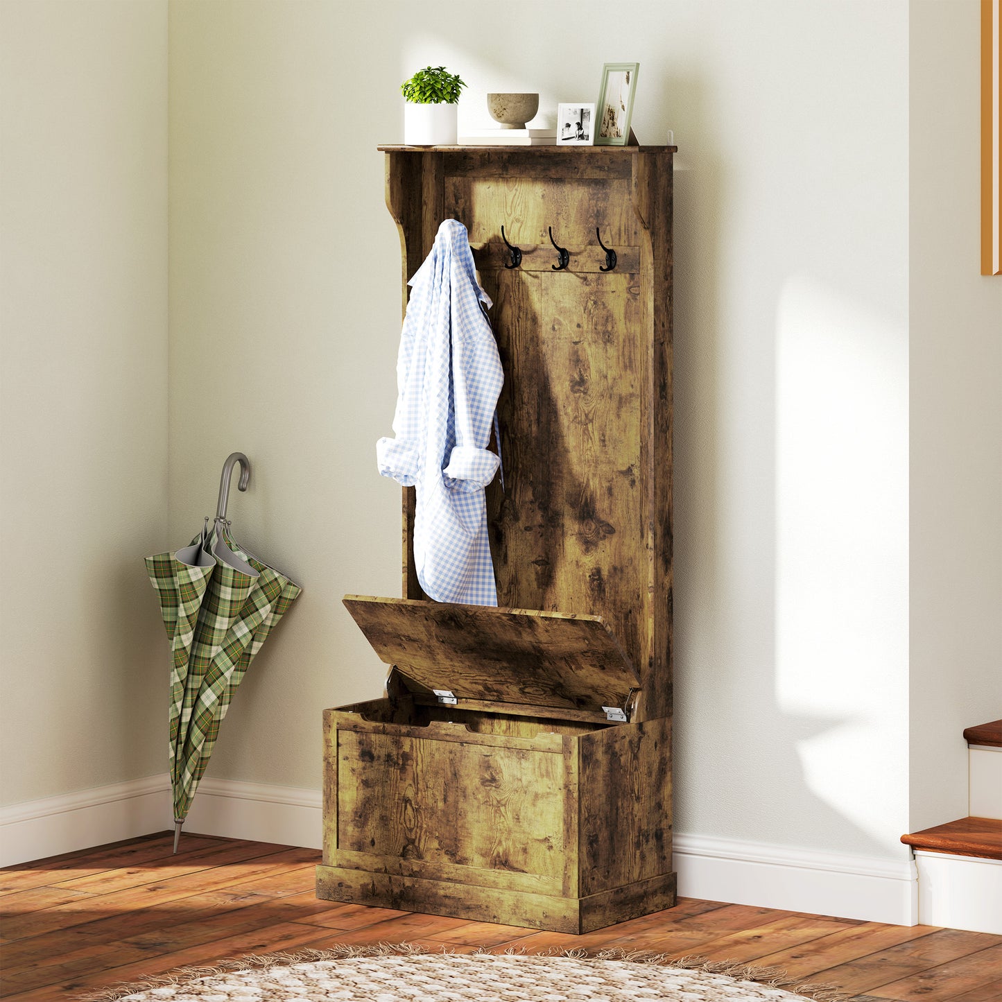 Porte-manteau multifonction 4-en-1 avec banc rangement rustique