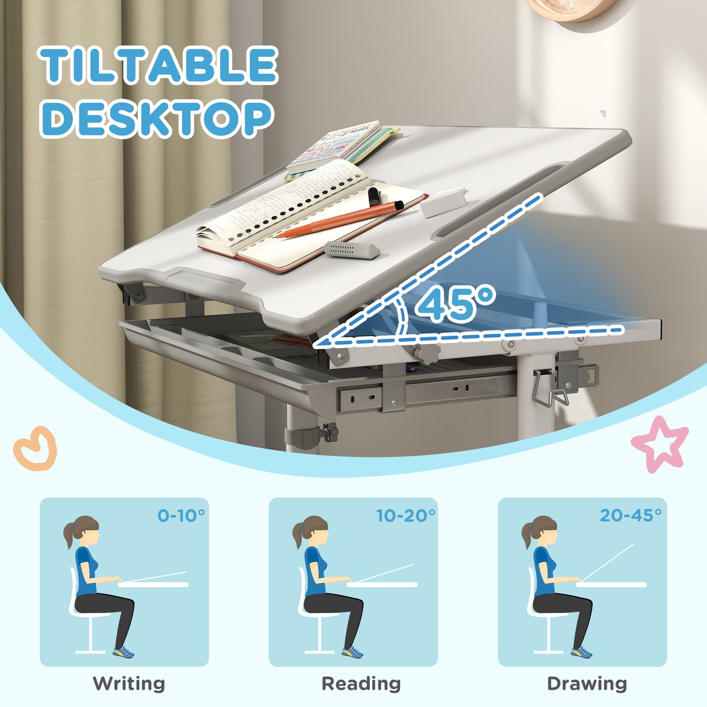 Bureau d'étude ajustable avec chaise et tiroir enfant
