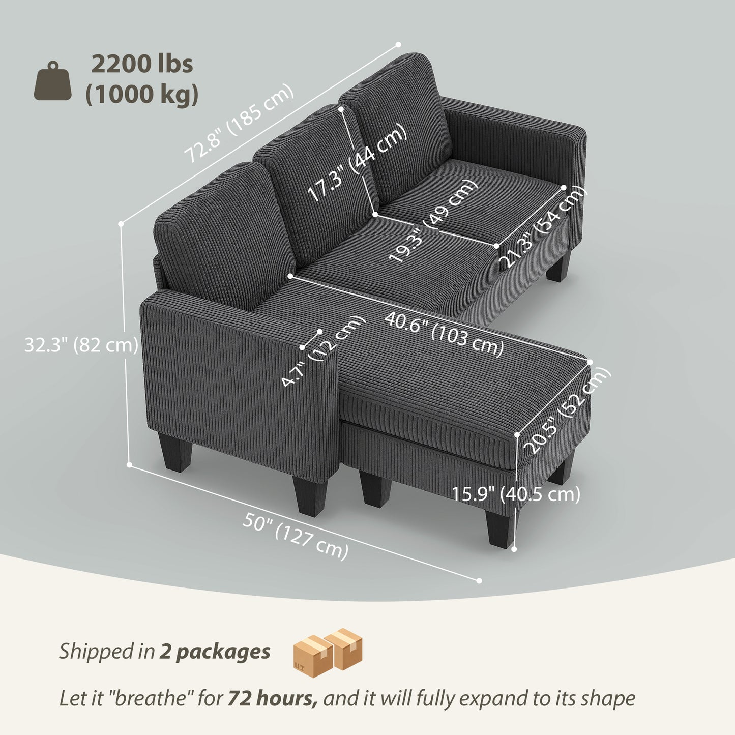 Sofa sectionnel en L avec chaise longue ou pouf