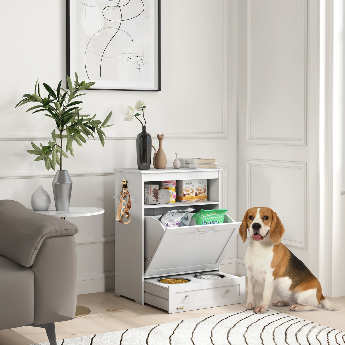 Station de nourrissage pour animaux avec bols et rangement