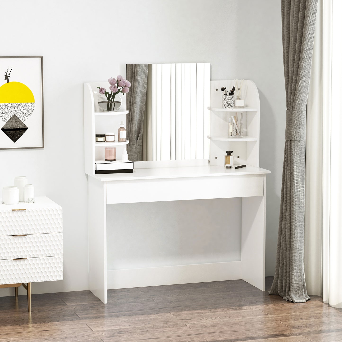 Table de maquillage avec miroir et étagères