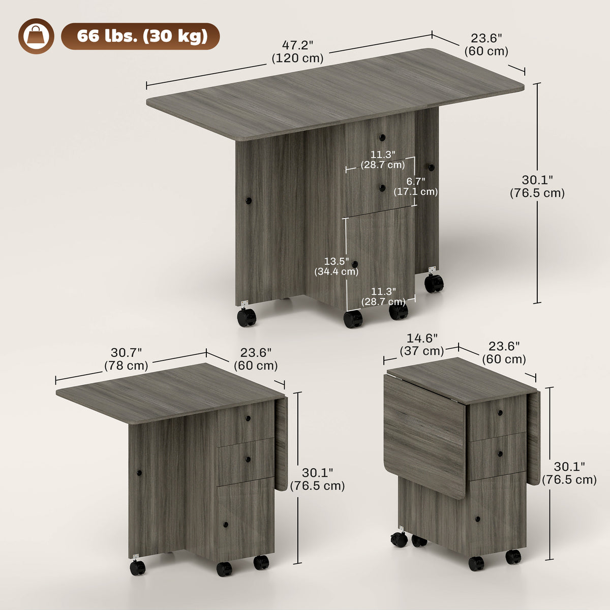 Table à manger pliante escamotable avec rangement à roulettes