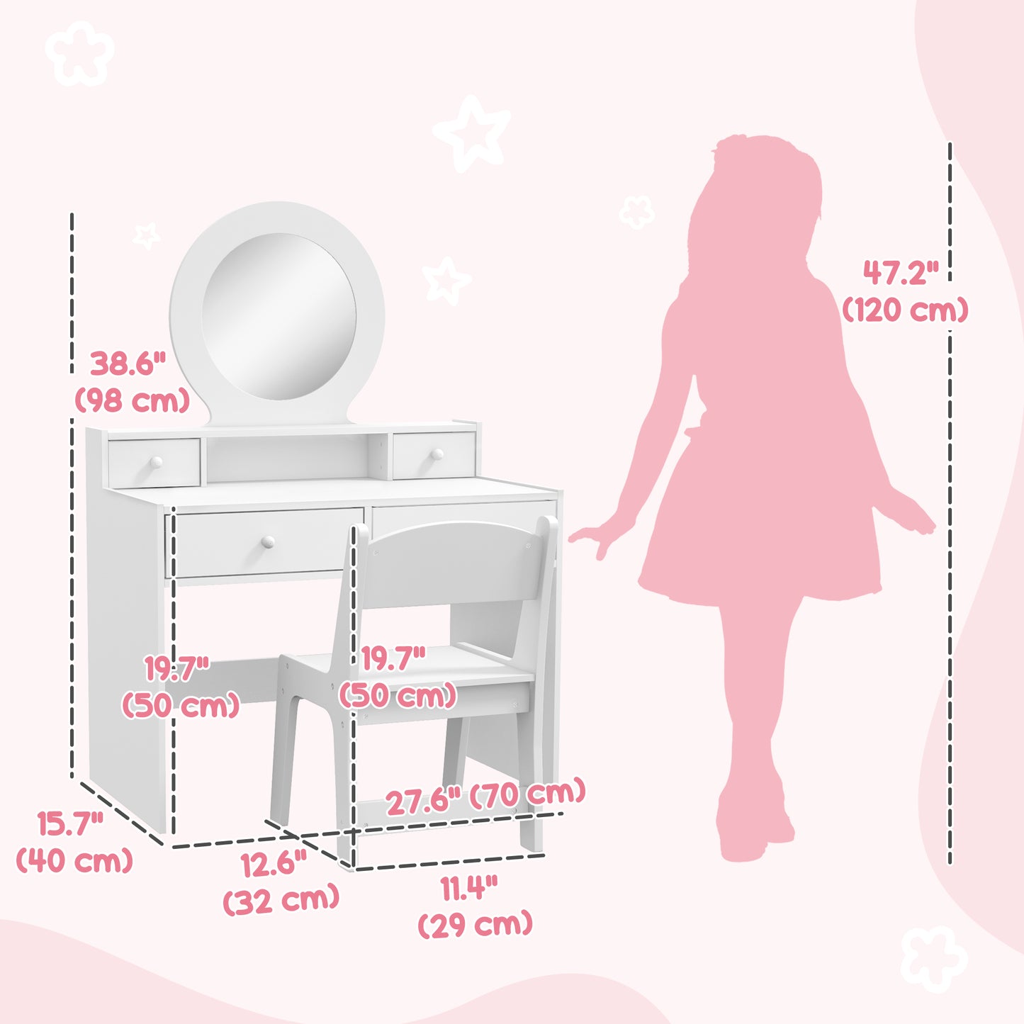 Coiffeuse enfant avec miroir et tabouret 4 tiroirs