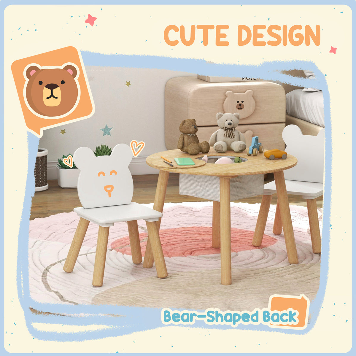 Ensemble table et chaises pour enfants motifs d'ours — Lot de 3