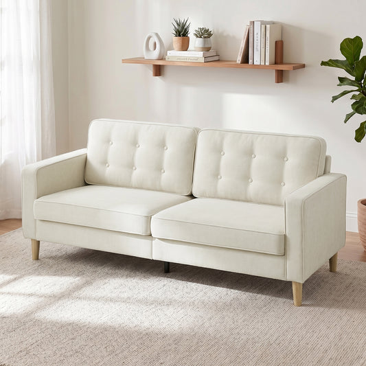 Sofa 3 places capitonné en velours avec pieds en bois