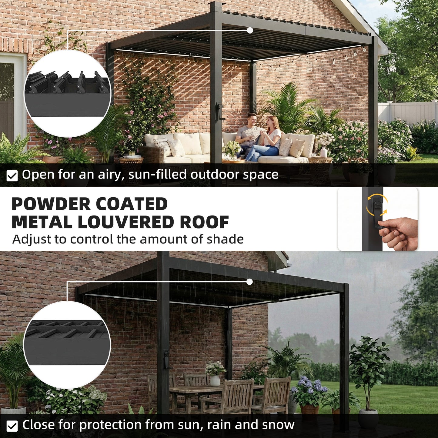 Pergola à lamelles avec éclairage solaire et toit métallique