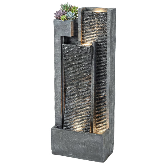 Outsunny 3-Tier Fountain with LED Light and Planter - Dark Grey