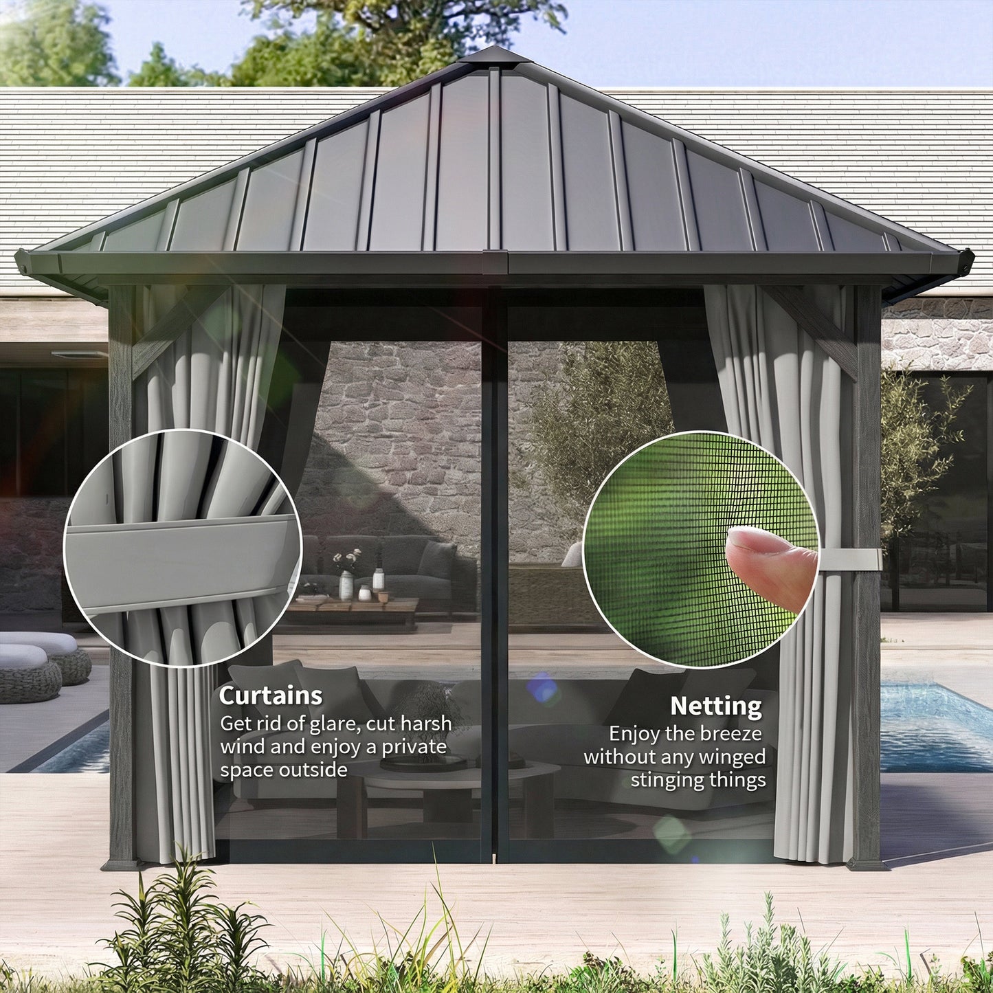 Gazebo toit rigide 3x3m métal galvanisé rideaux moustiquaire